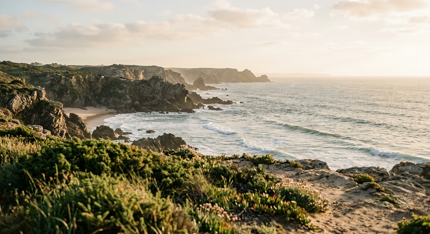 The rocky Atlantic coastline near Cascais in warm afternoon light