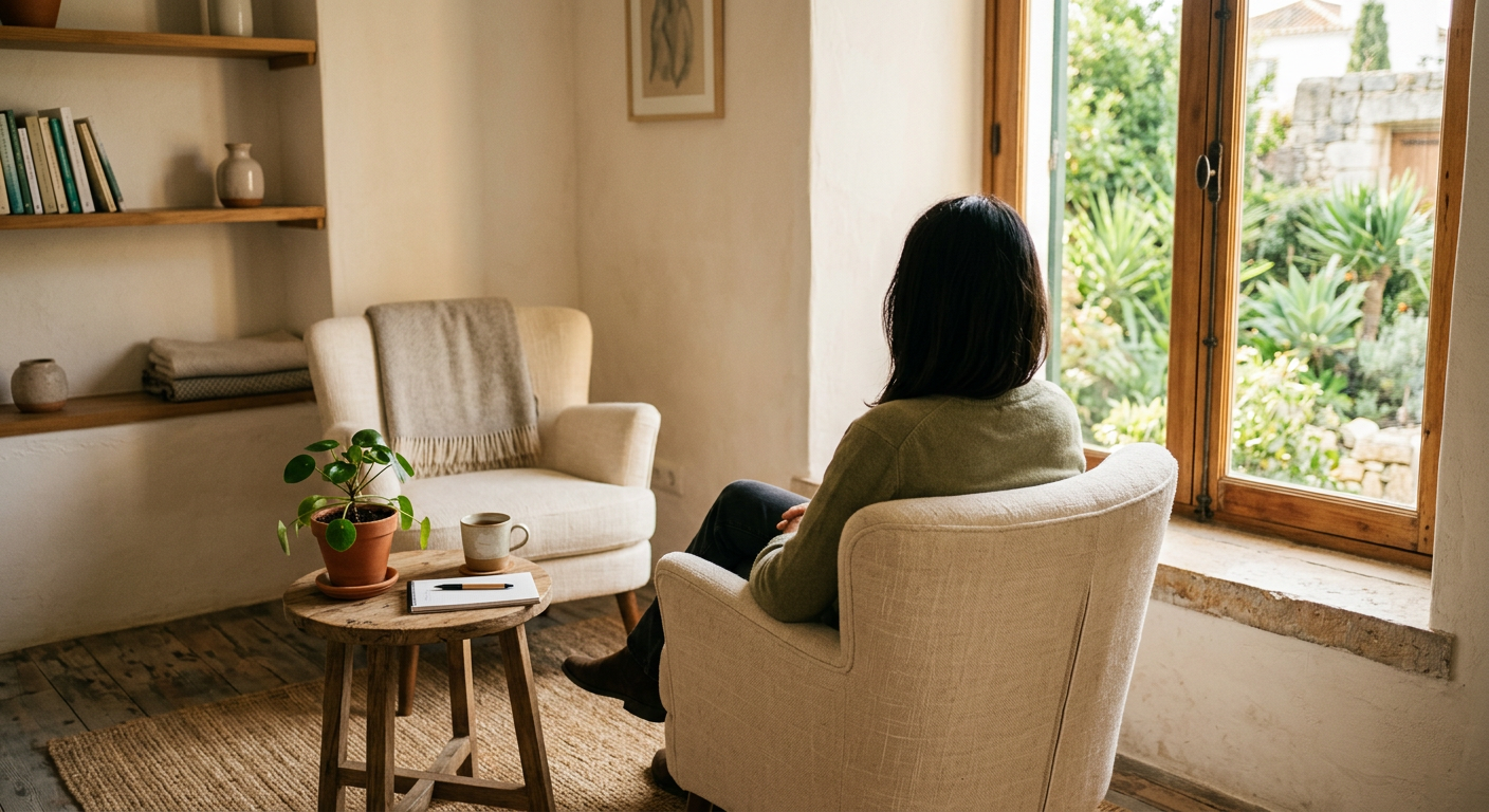 A client, seen from behind, sitting in an armchair in a bright practice room looking out at a garden
