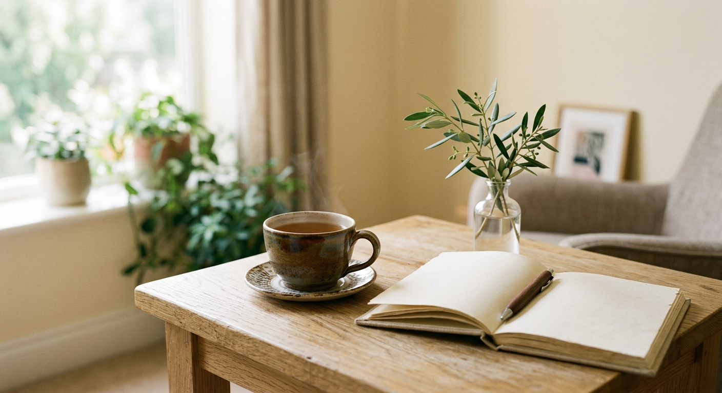 A cup of tea and an open notebook on a wooden side table